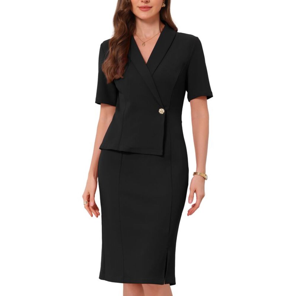 Women Office Faux Wrap Lapel V Neck Short Sleeve Dress Black